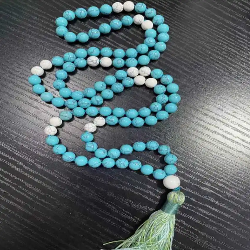 8mm 108 artificial turquoise + white turquoise knot necklace Gift Gemstone Spiritual Seekers Couples Metal Tranquility Yoga  Men