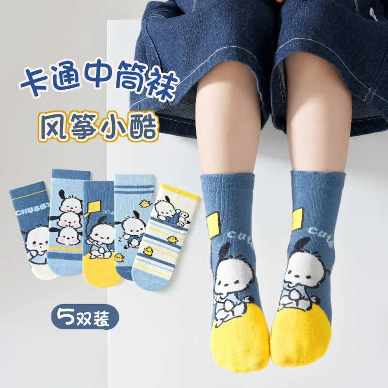 

5 Pairs /lot Cute Baby Girls Autumn Socks Cartoon Anime Pochacco Cotton Children Boy Middle Tube Comfortable Socks Kids 1-12Y