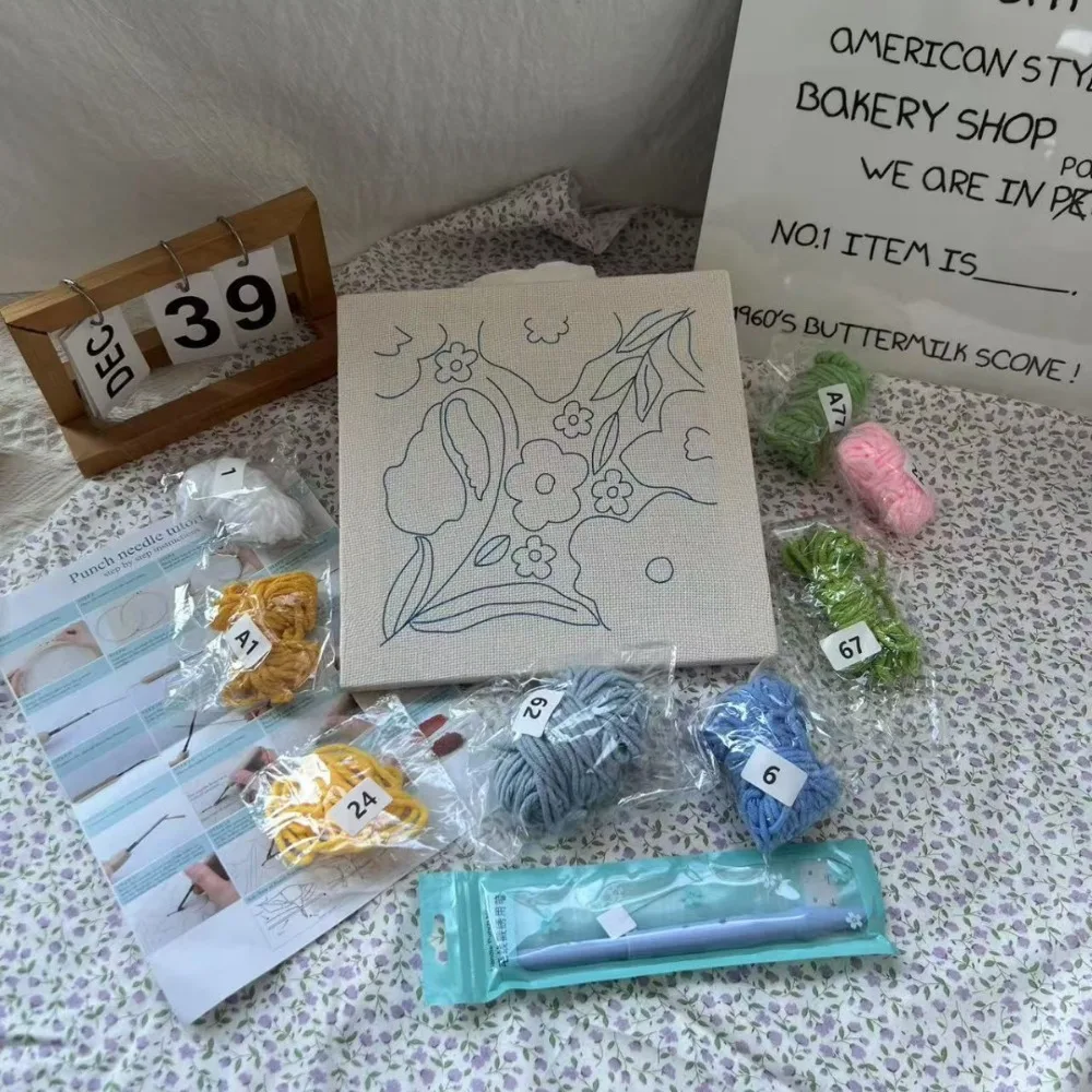 

Flower Pattern Punch Needle Kits for Beginners Yarns Hoop Embroidery Starter Set DIY Punch Needle Embroidery Kit Adults