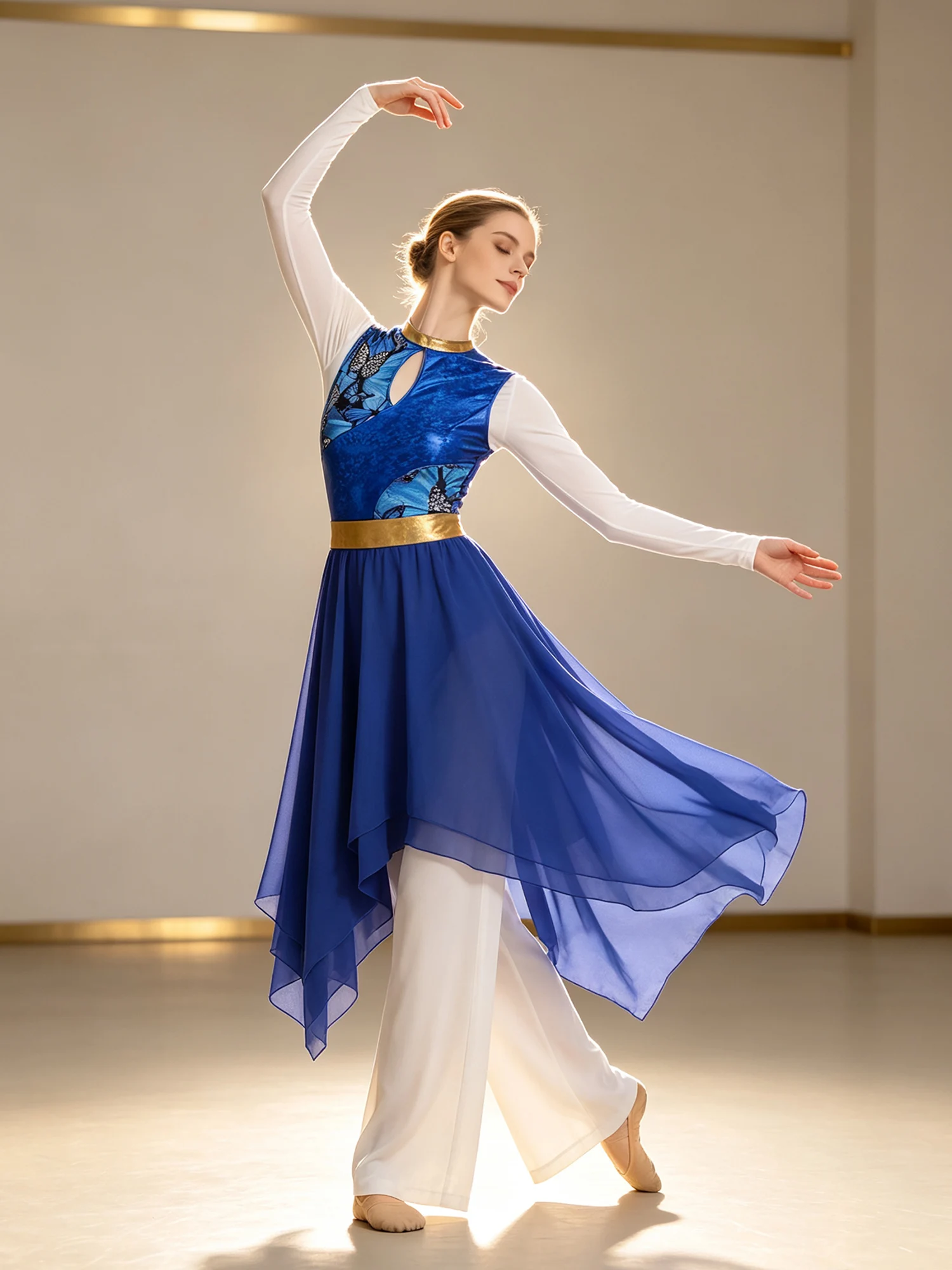 Women Lyrical Dance Dress Worship Praise Costume Print Metallic Splice Bodice Front Keyhole Sleeveless Irregular Hem Tunic Dress