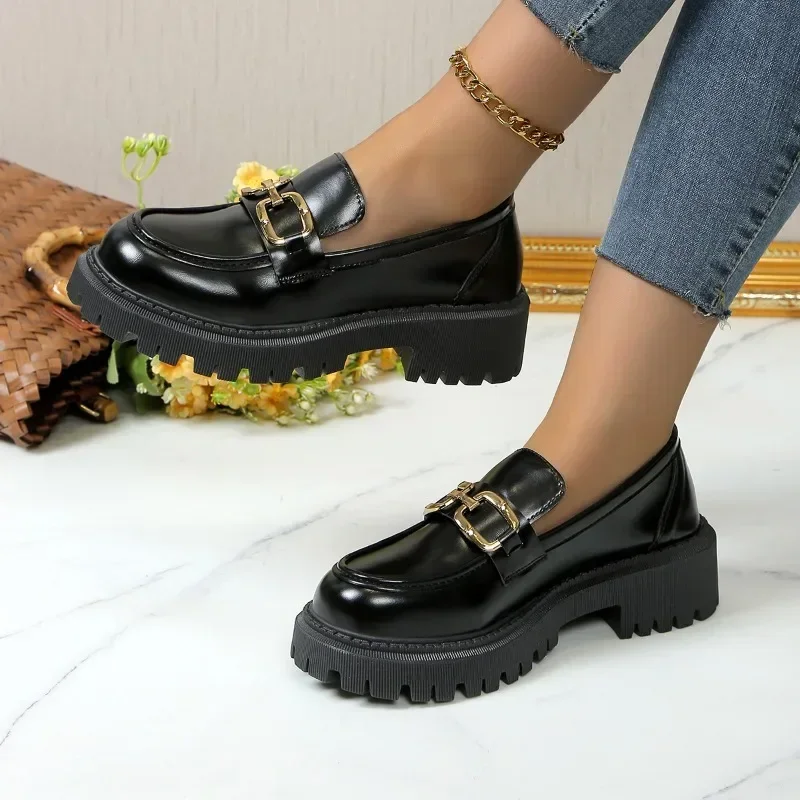 2024 Female Shoes Women Fashion Mary Janes Round Toe Flats Loafers Oxfords Platform Casual Metal Chain Buckle Ladies Heels Black