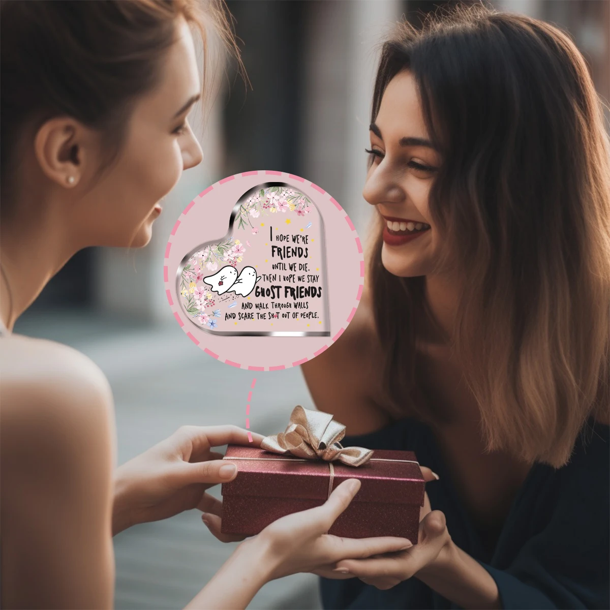Cute Ghost Floral Acrylic Heart Sign Gift for Bestie Friendship Keepsake,I Hope We’re Friends Until We Die Acrylic Heart Tabletop Ornament