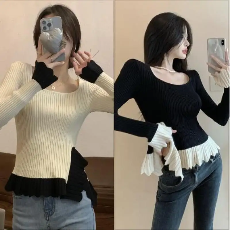 

Korean Knitted Sweater Women Retro Irregular Patchwork Square Neck Slim Ruffle Bottoming Top