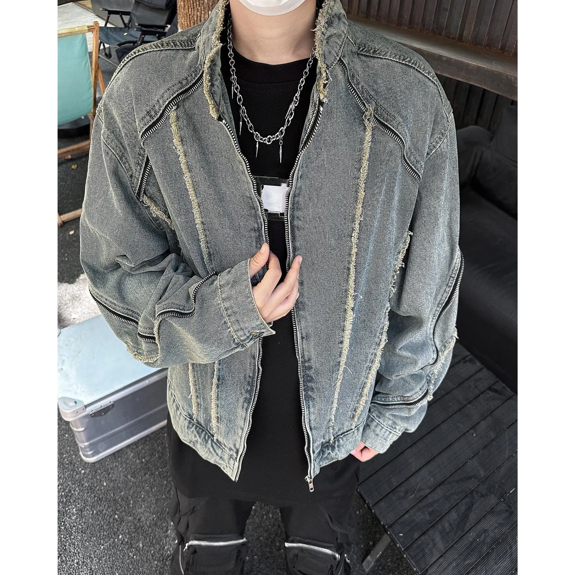 

American retro deconstructed raw edge washed denim jacket men's spring and autumn short motorcycle style stand collar jacket