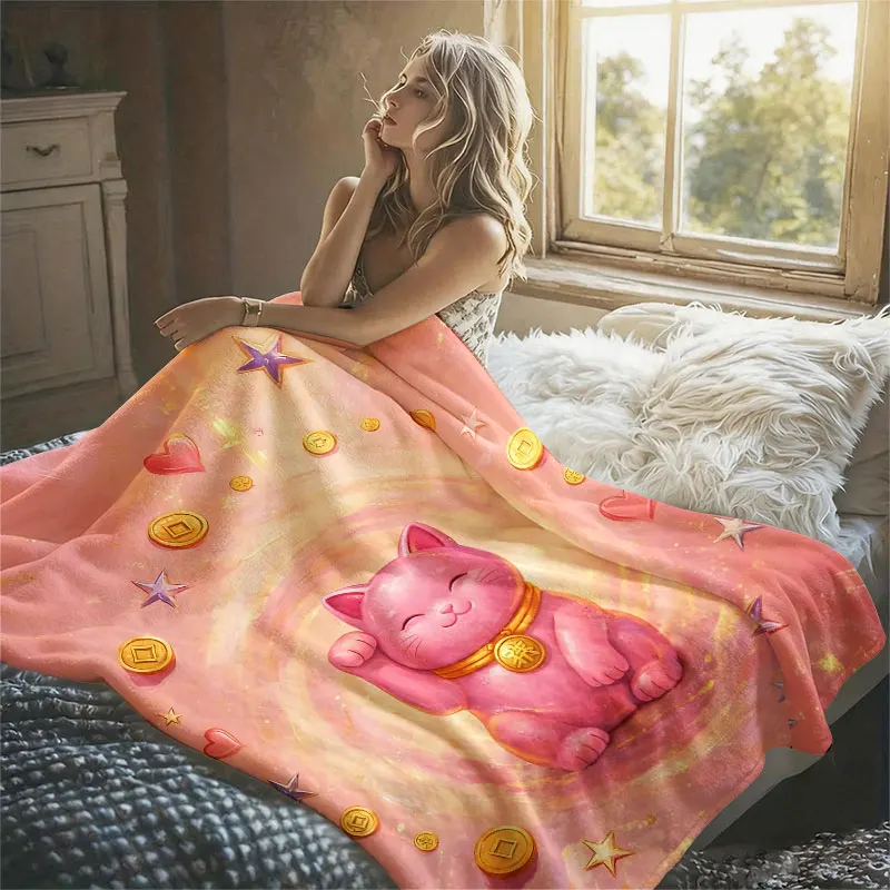 Pink Lucky Cat Coins Stars Flannel Blanket Perfect for Sofa Office Bed Travel Sleep Read Relax Camping Four Season Use
