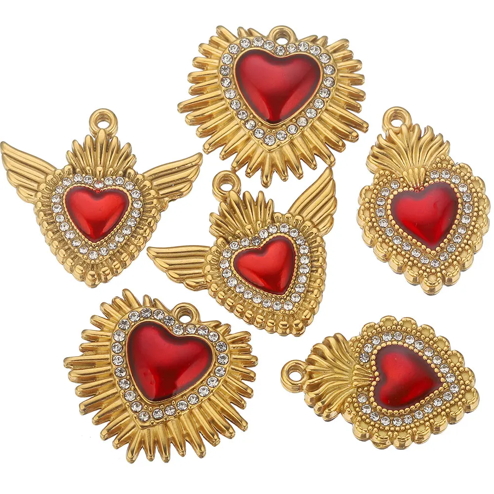 

4pcs Stainless Steel Charms Retro Flaming Red Mexican Sacred Heart Charm Pendant for Jewelry Connectors Earrings Making Supplies