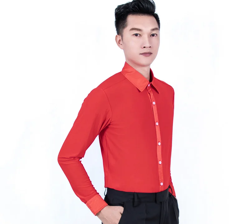 Red Latin Dance Garment Dance Waltz Ballroom Dance Garment Performance Turndown Collar Latin man Shirts Garment Top