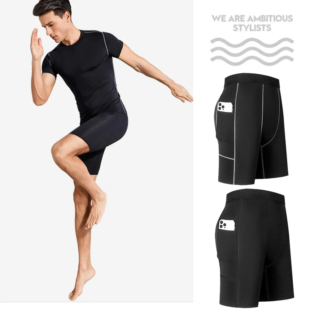 Men‘s Compression Short Pants Elastic Quick Dry Running Fitness Shorts With Pocket Big Size Black Tight Gym Training Pants image 3