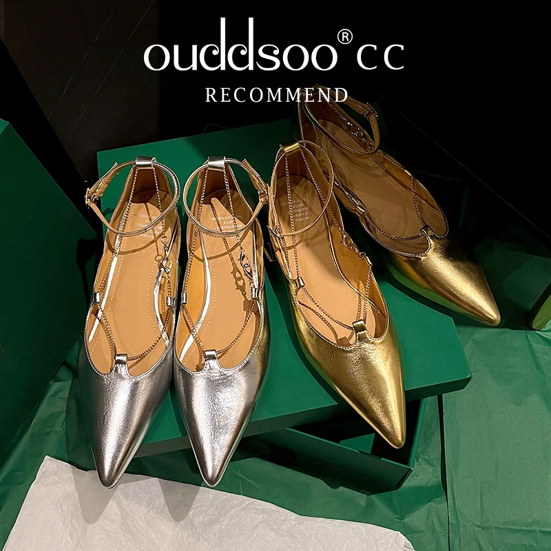 

Ods Gold T-tied Genuine Leather Flat Single Shoes White Pointed Toe Elegant Mary Janes Comfortable Witch Shoes for Office Worker