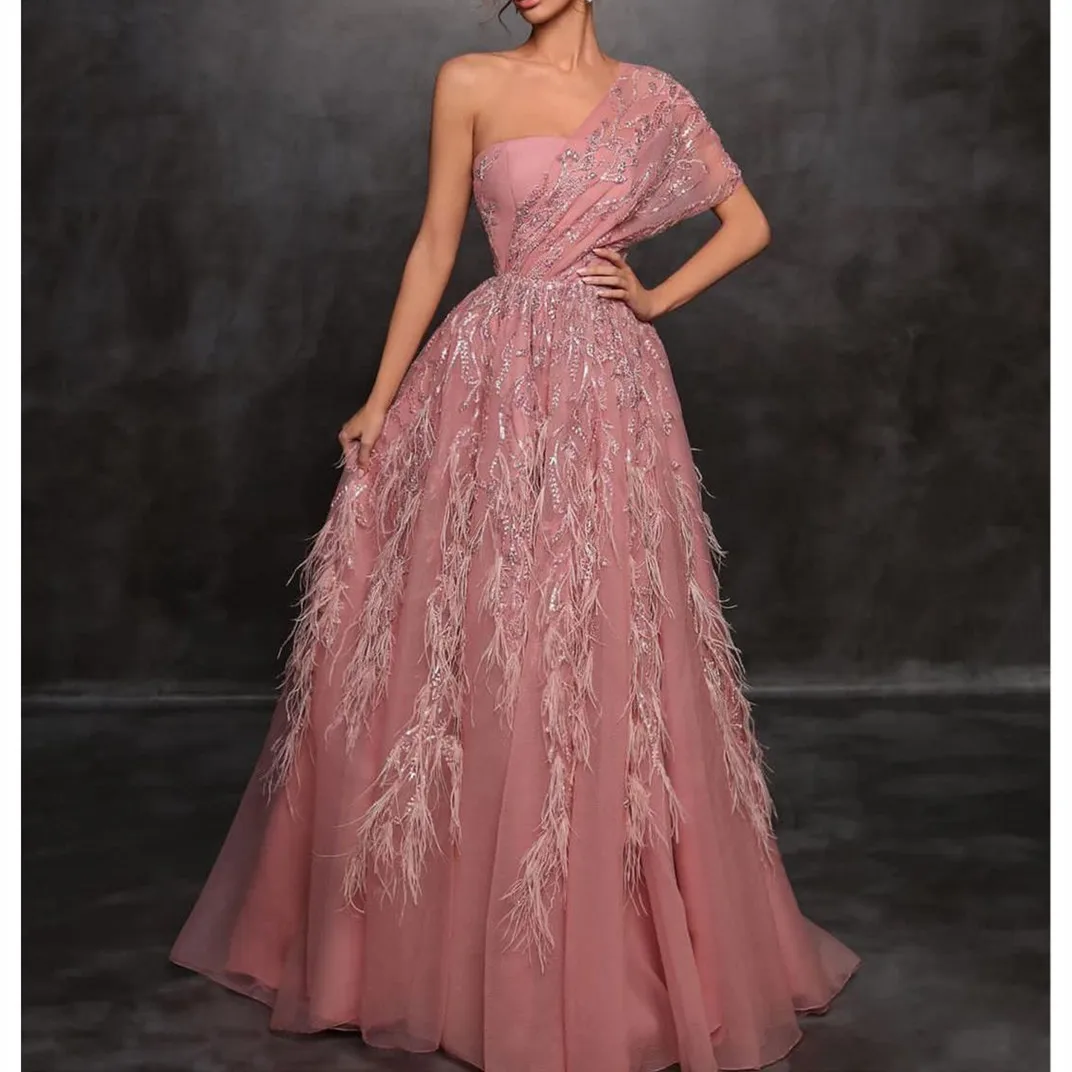 Pink A-line Evening Dresses Bateau Sleeveless One Shoulder Sequins Beaded Lace Feather Appliques Prom Dresses Gowns Custom Made