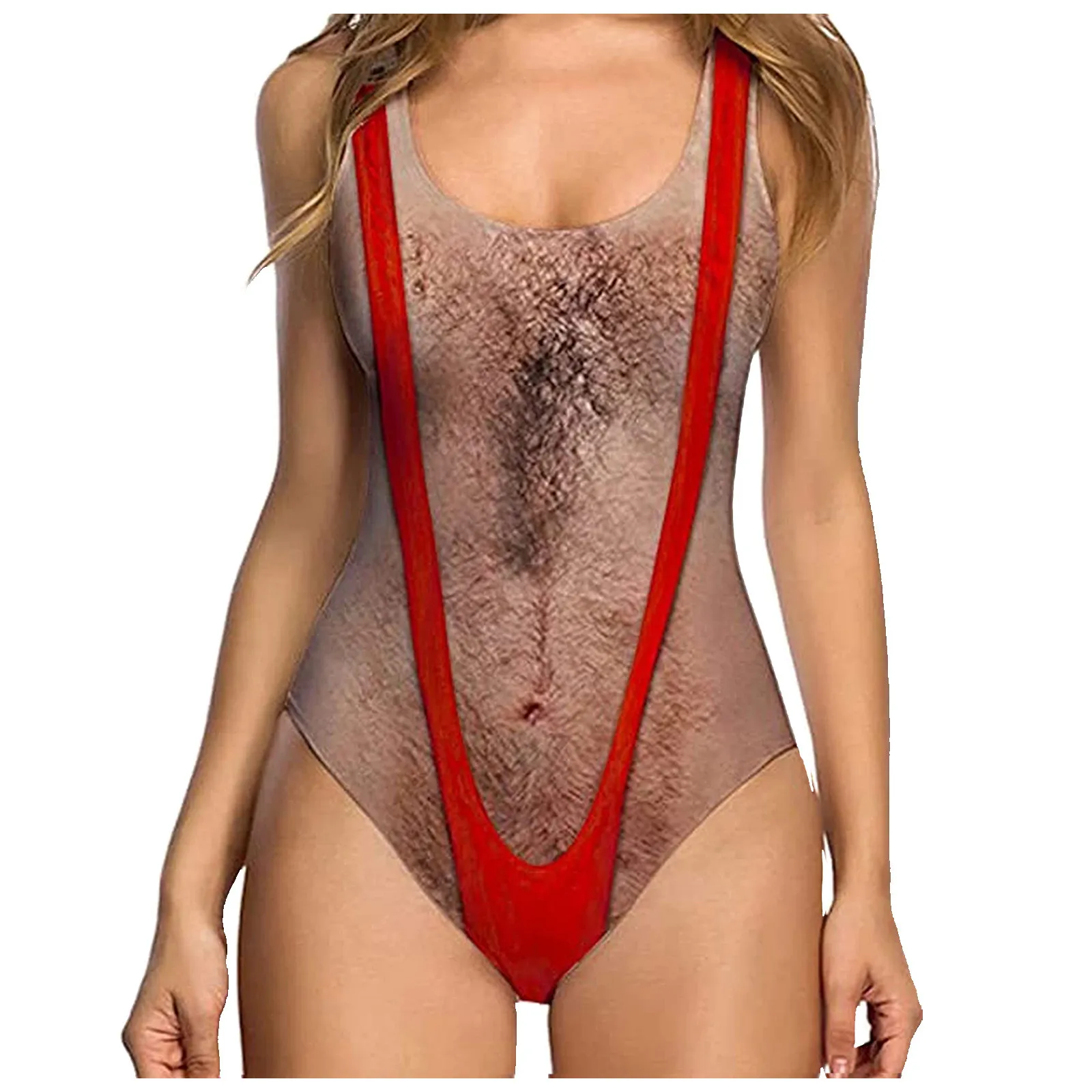 Ladies Sexy High Neck Swimsuit Funny Swimsuit Swimsuit 3D Fake Breast Hairy Funny Print Swimsuit 수영복 купальник 2024 тренд