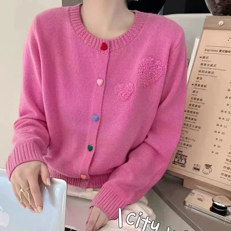 

Rainbow Heart Button Knitted Cardigan 2024 Spring and Autumn New Fashion Round Neck Short Sweater Loose Coat Top Trendy