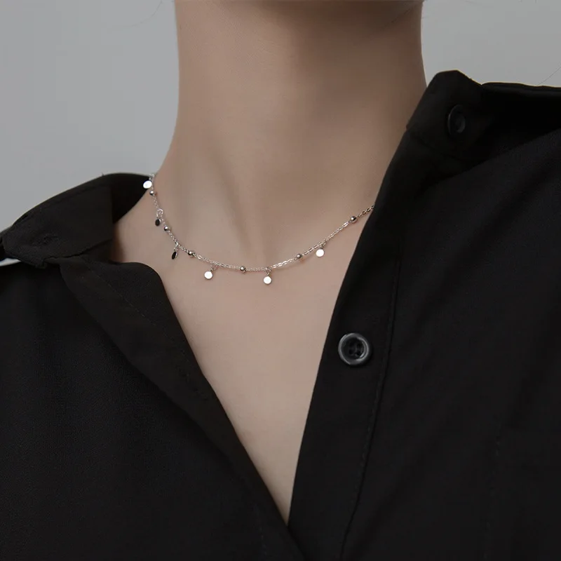 39cm Female Necklace For Women On Neck Silver 925 Chain Necklaces Women Sequins Pendant Girls Fashion Jewelry Party