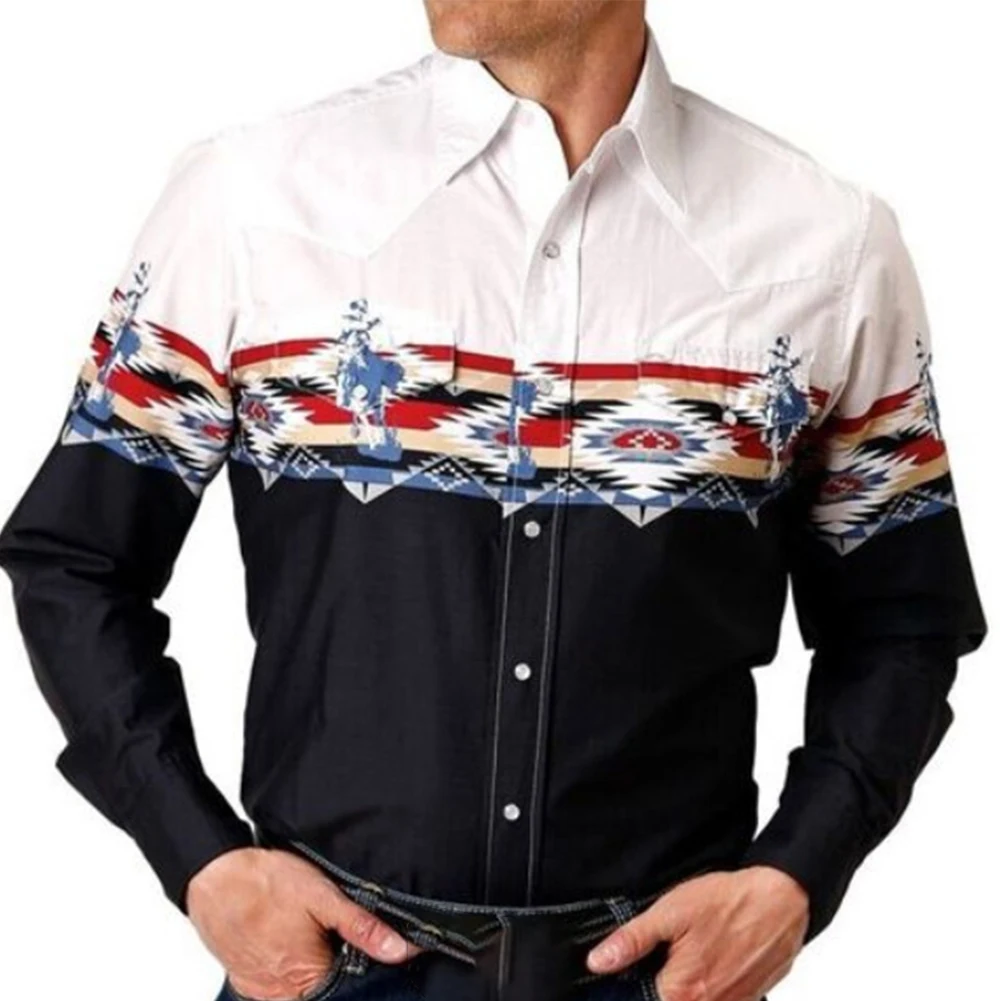 New Style Mens Autumn Retro British Printed Lapel Long Sleeve Button Down Shirt Party  Loose Blouse Tops Patchwork Men\'s Shirts