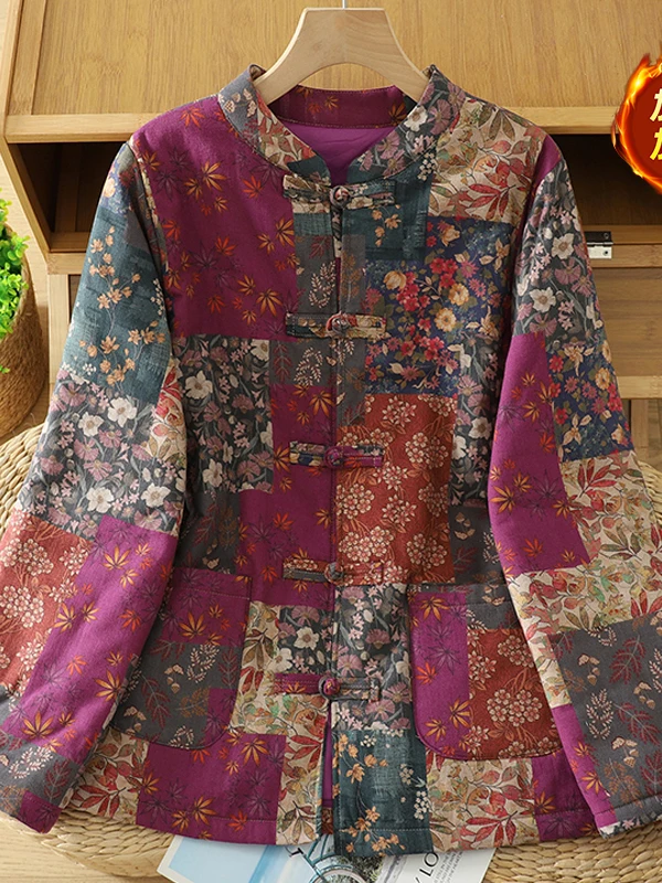 Retro Floral Print Chinese Sle Cotton Jaet Women's Winter Coat Button Stand Collar Patchwork Long Sve Thiened Outerwear