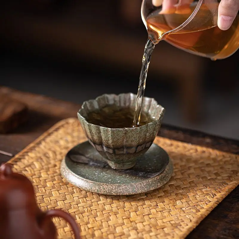 

Coarse Pottery Kiln Transformed Single Cup Holder, Retro Ceramic Tea Set, Master Cup, Tea Tasting Cup