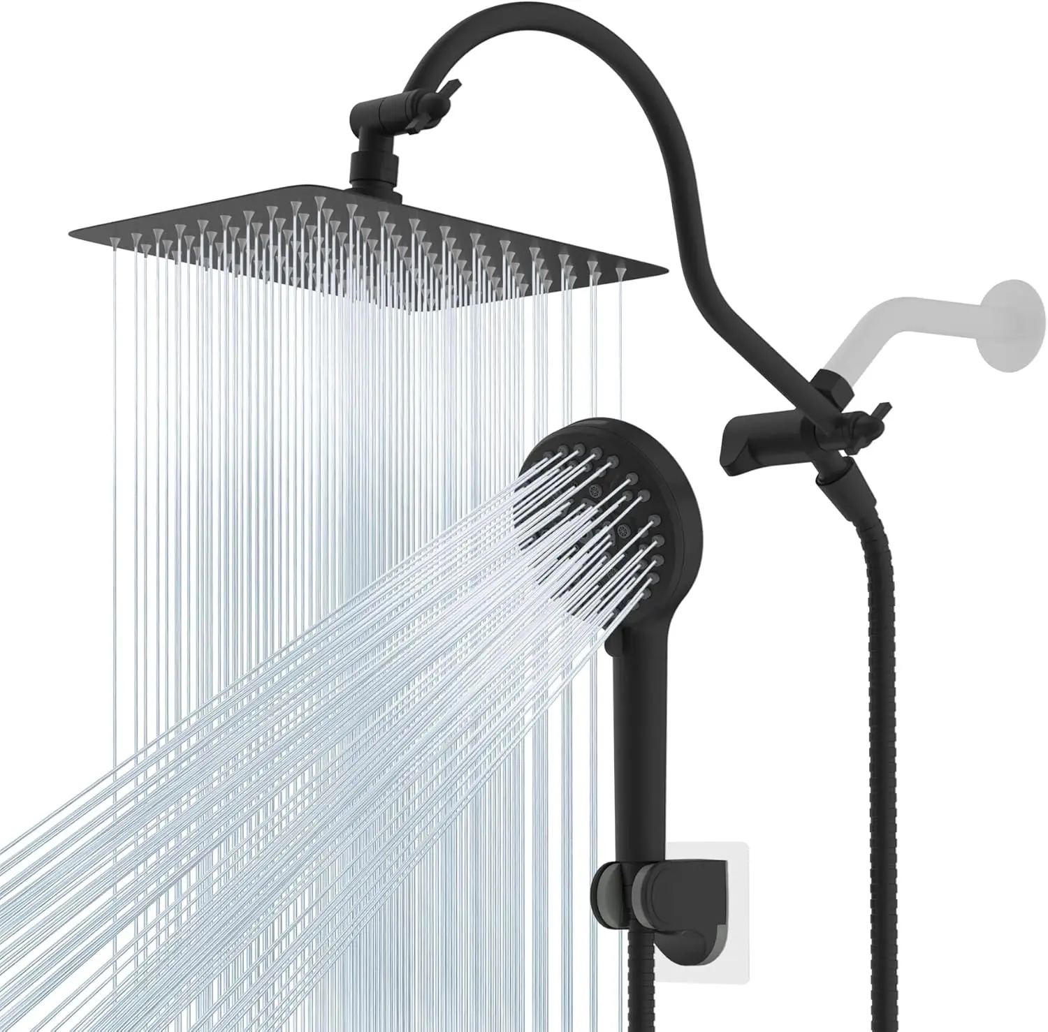 High Pressure Rainfall Shower Head Combo with Adjustable Arm, 10-Spray, Matte Black Finish