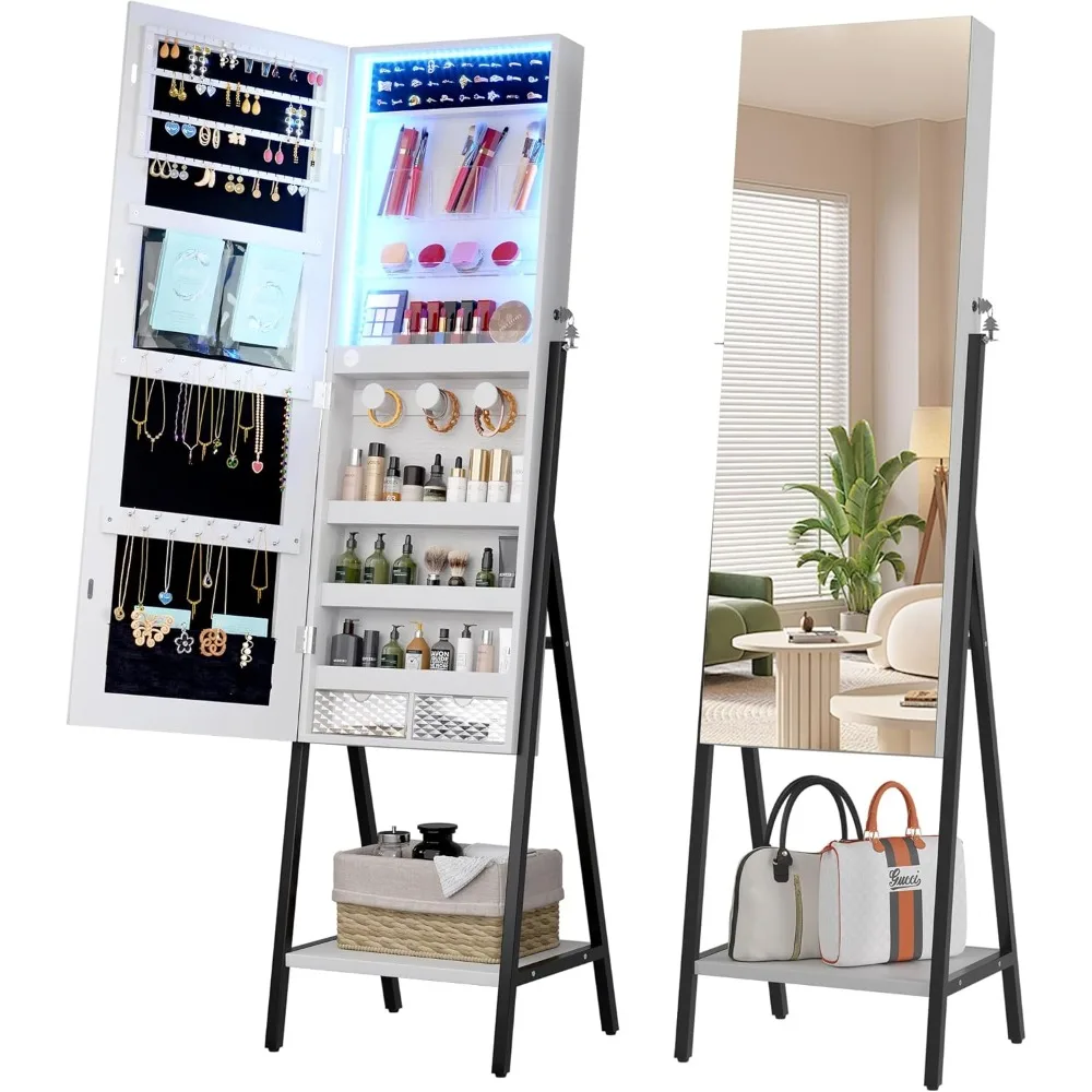 

3 LEDs Mirror Jewelry Cabinet, 60.4" Jewelry Mirror Full Length, Standing Lockable Jewelry Armoire Organizer, Floor Mirror