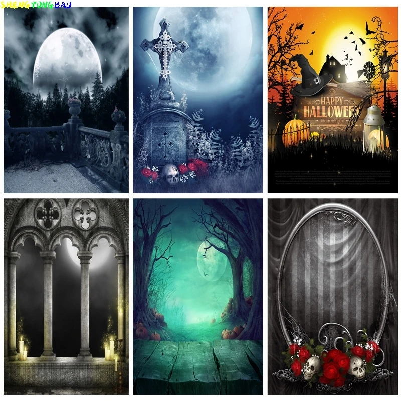 

Halloween Backdrop Pumpkin Lantern Castle Forest Moon Tombstone Baby Photography Background For Photo Studio Props CXZM-52