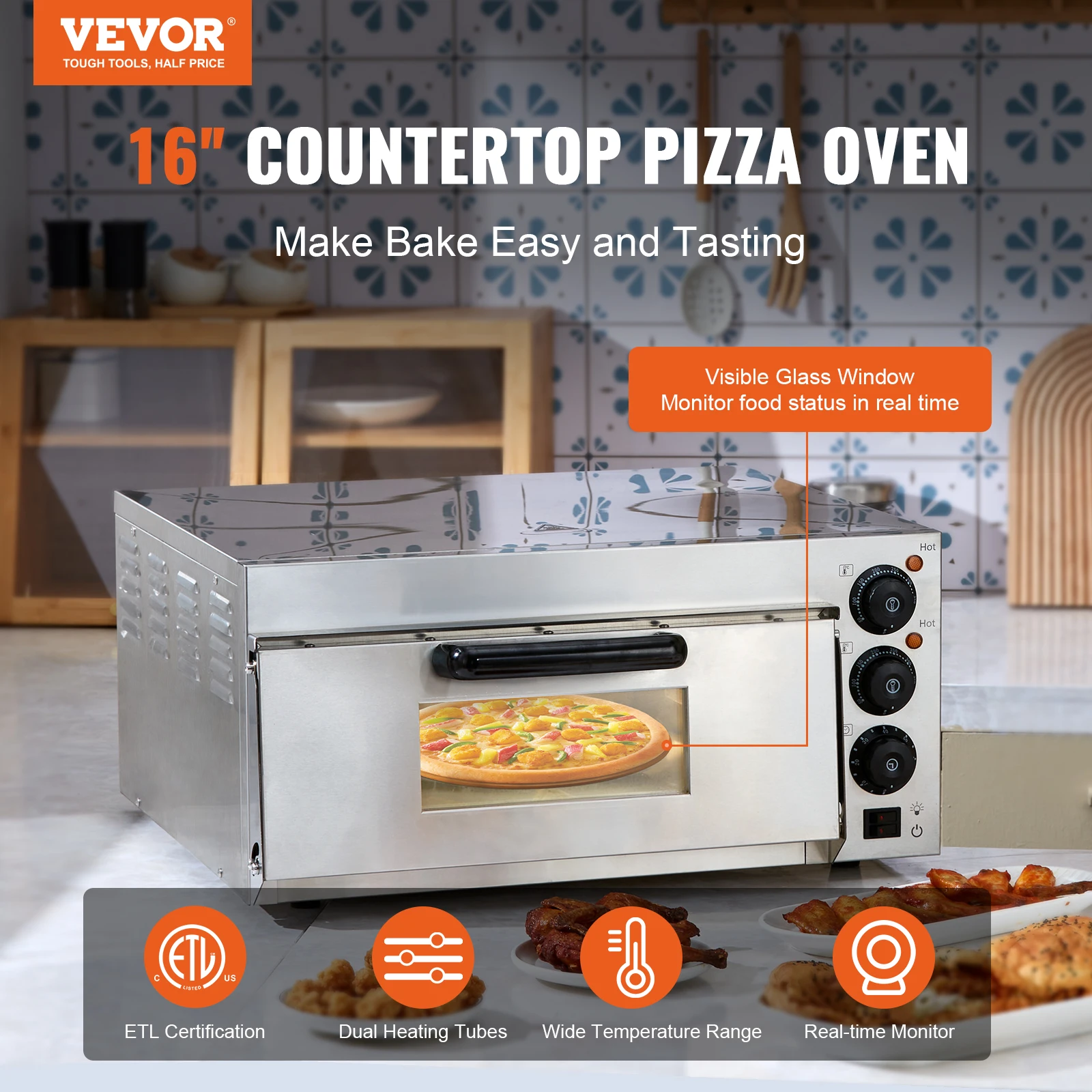 VEVOR 16 in Electric Pizza Crepe Bakery Roast Oven Grill Breakfast Machie Cookies Cake Bread Maker Baking Toaster for Cooking