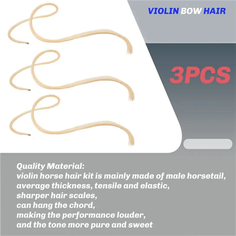 HOES-3Pcs Violin Bow Hair Replacement Kit Violin 29.2 Inch Fiddle Bow Rehair Tools Musical Bow Hair Violin Horse Hair, White