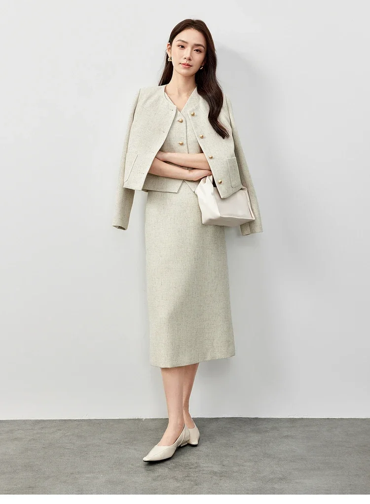SENTUBILA Tweed Gonne dritte per le donne 2025 Primavera Autunno AAalbicocca Miscela di lino Slit-hem Pendolarismo Elegante gonna semplice 151Q58662