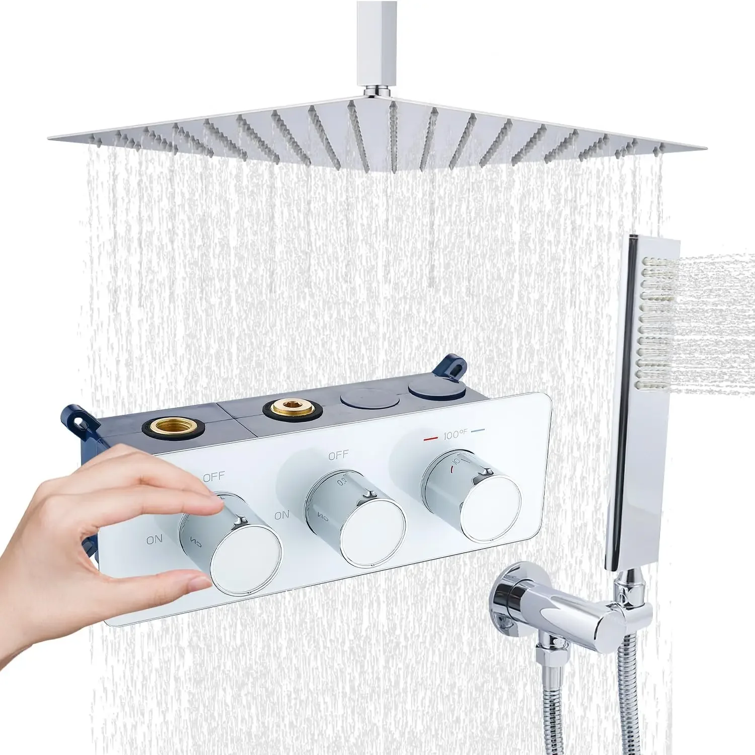 Fashion Concealed Bathroom Full Body Rain Shower System with Thermostatic Diverter Valve Control Flow