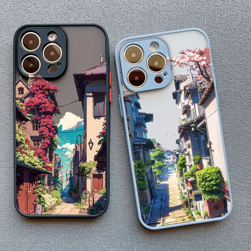 Japanese Aesthetic City Street Scenery Phone Case For iPhone 16 13 12 Pro Max Mini 11 14 Pro Max 15 7 8 Plus SE XS X XR Cover