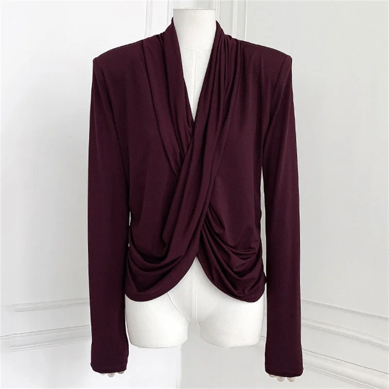 Women's shirt New elastic slim fit V-neck long sleeved top for spring 2026 Cross collar waist cinched Women's blouse y2k T-shirt