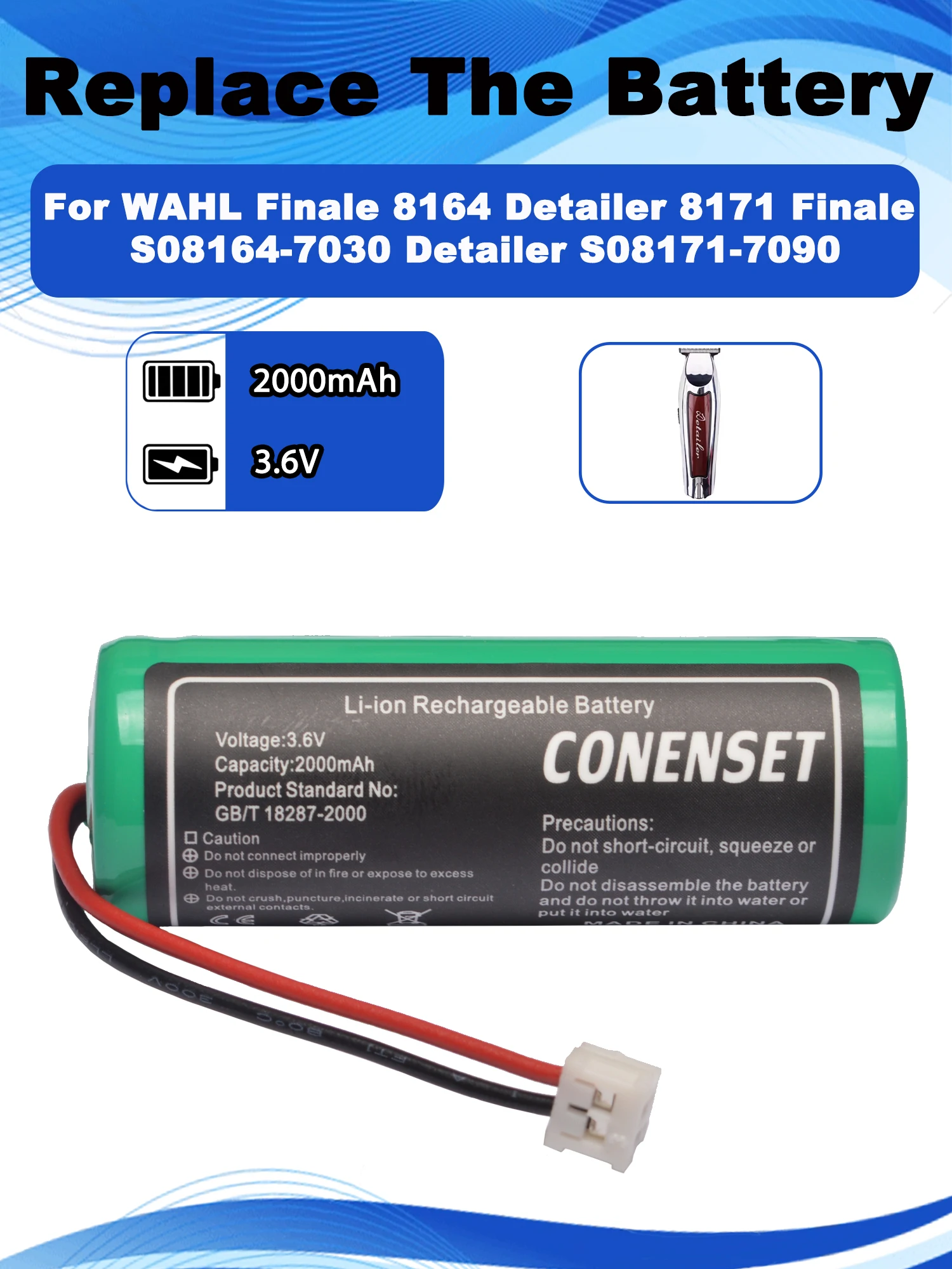 Batería recargable de 3,7 V 93837 93838-100 para recortadora WAHL Finale 8164 Detailer 8171 Finale S08164-7030 Detailer S08171-7090