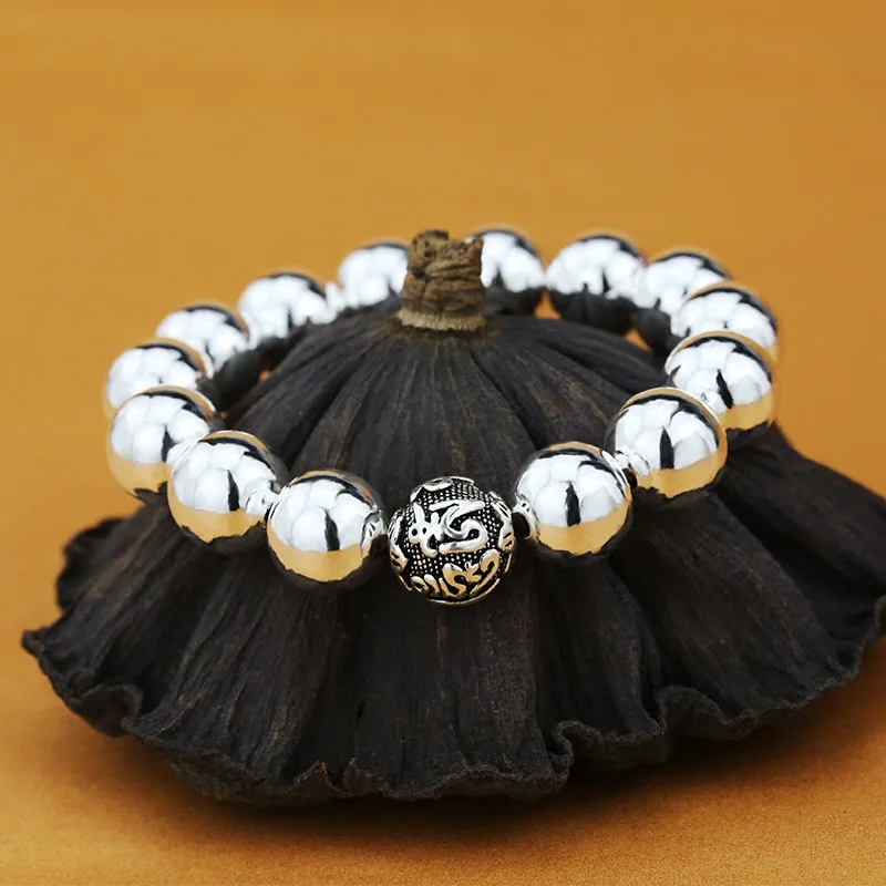 99 Men'S Six-Word Mantra Round Lucky Bead Bracelet Women'S 999 Silver Buddhist Beads