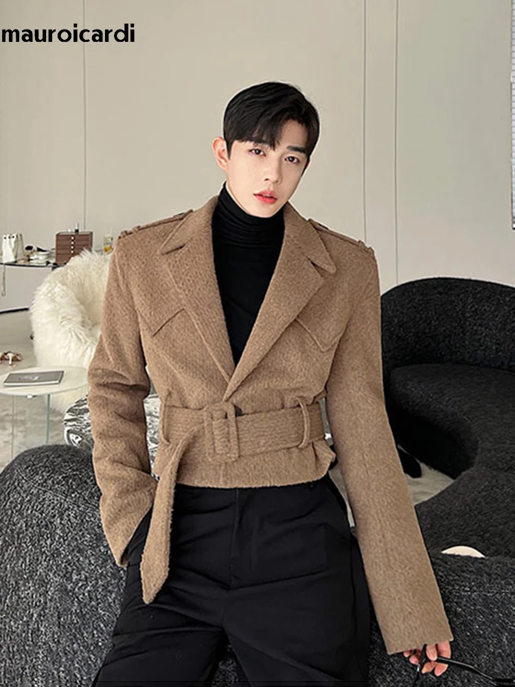 Mauroicardi Autumn Winter Short Camel Thick Warm Soft Wool & Blends Jacket Men Belt Luxury Designer Clothes Korean Fashion 2023