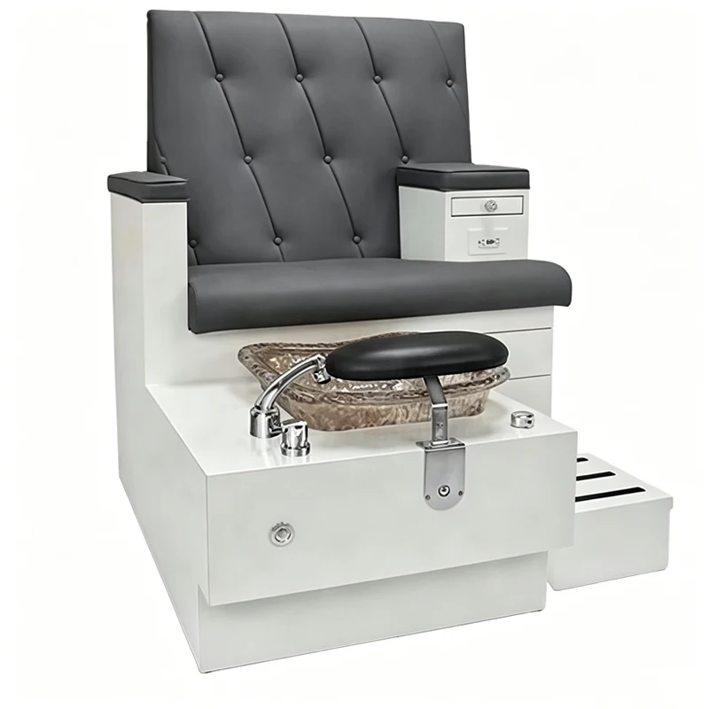 2026 New Black & White Tufted Pedicure Chair, Stationary Design with Glass Basin, Drawer and Footrest for Nail Salons.