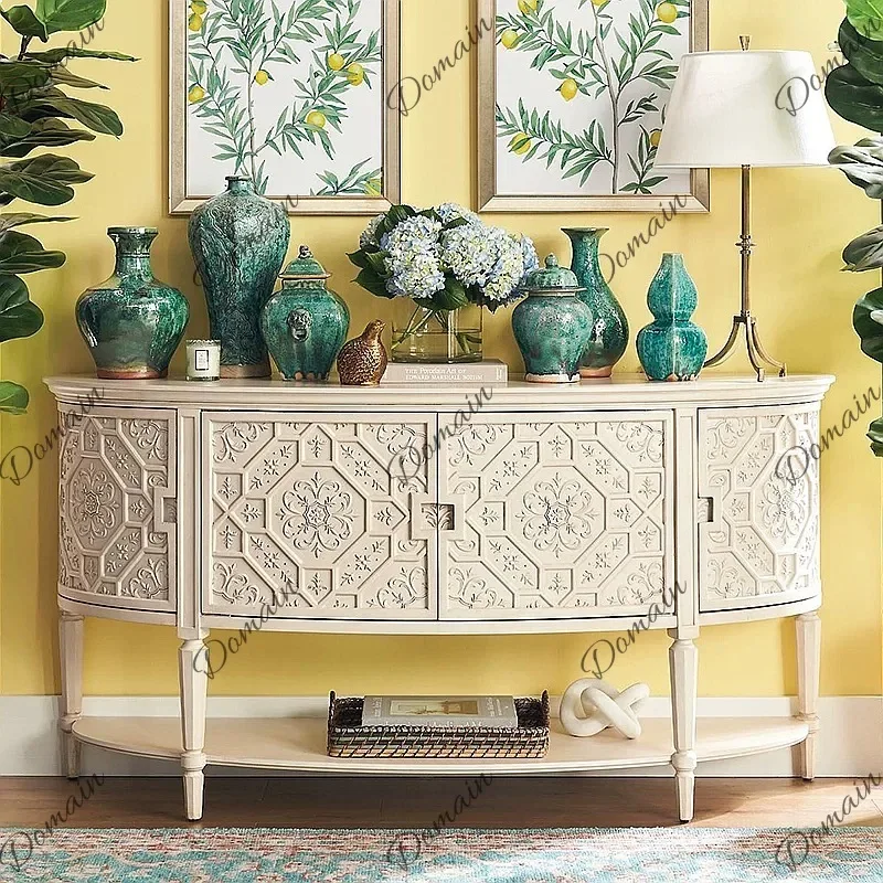 YUI French Retro Entryway Cabinet Wall-Mounted Storage Room Divider with Wood Carving for Small Apartment