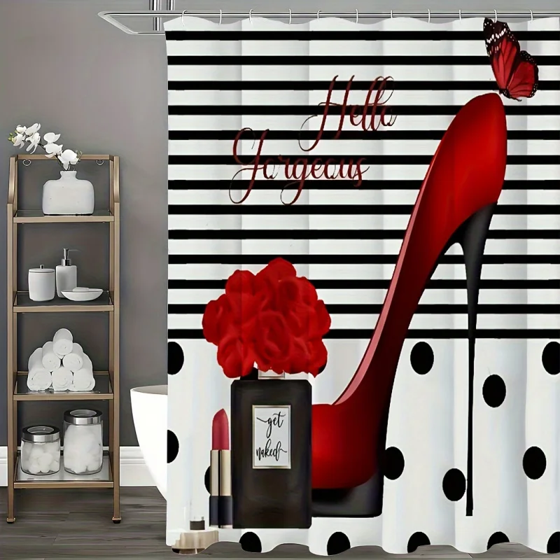 Chic red high heel & butterfly print shower curtain set-waterproof, machine washable with hooks included for easy hanging-PE