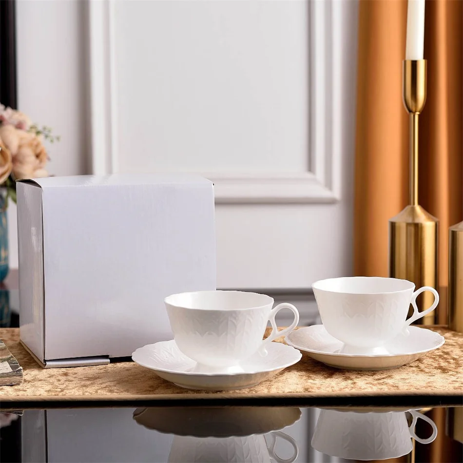 

Light Luxury Retro White Embossed Bone China Coffee Cup and Saucer, Teapot, Sugar Bowl, Creamer, Mug, Breakfast Cup