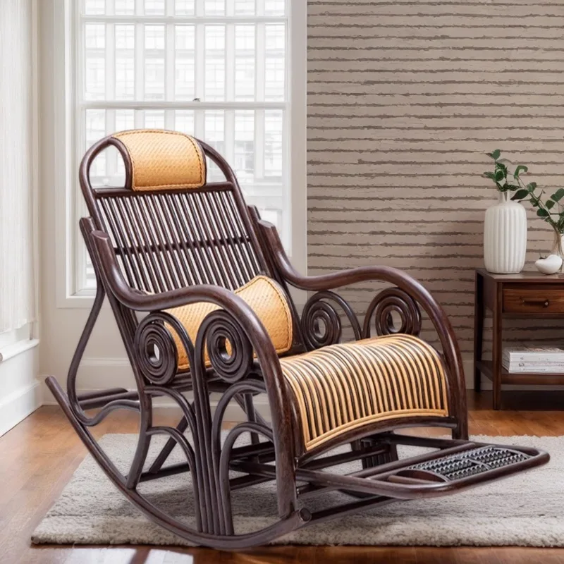 High-end rocking chair rattan chair real rattan balcony rattan leisure garden chair elderly home living room happy adult recline