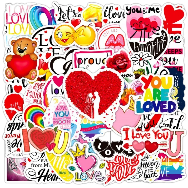 50er-Pack Valentinstag Herz-Aufkleber Wasserfeste Graffiti-Dekorationen für Tassen, Schreibtische, Skateboards, Handyhüllen