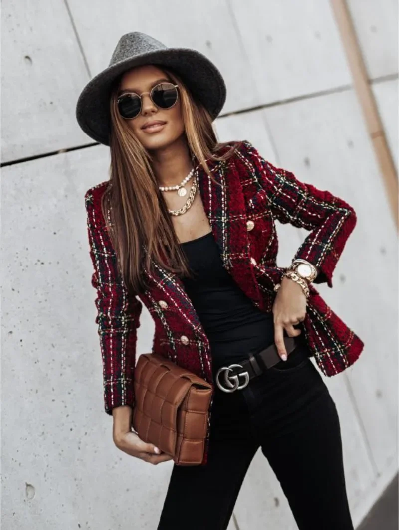 

New Women Vintage Long Sleeve Double Breasted Plaid Blazer Coat Flap Pockets Casual Buttons Autumn Blazer Female Outerwear