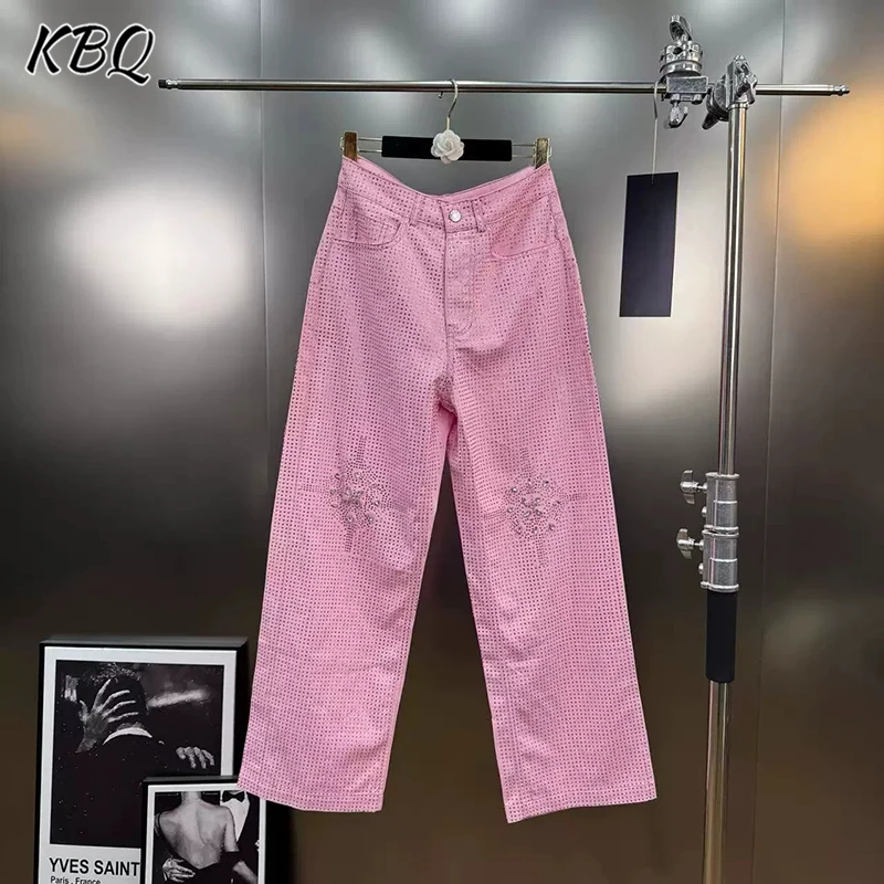 

KBQ однотонные свободные шикарные брюки с бриллиантами для женщин, темпераментные уличные модные прямые джинсы с высокой талией, женский осенний стиль