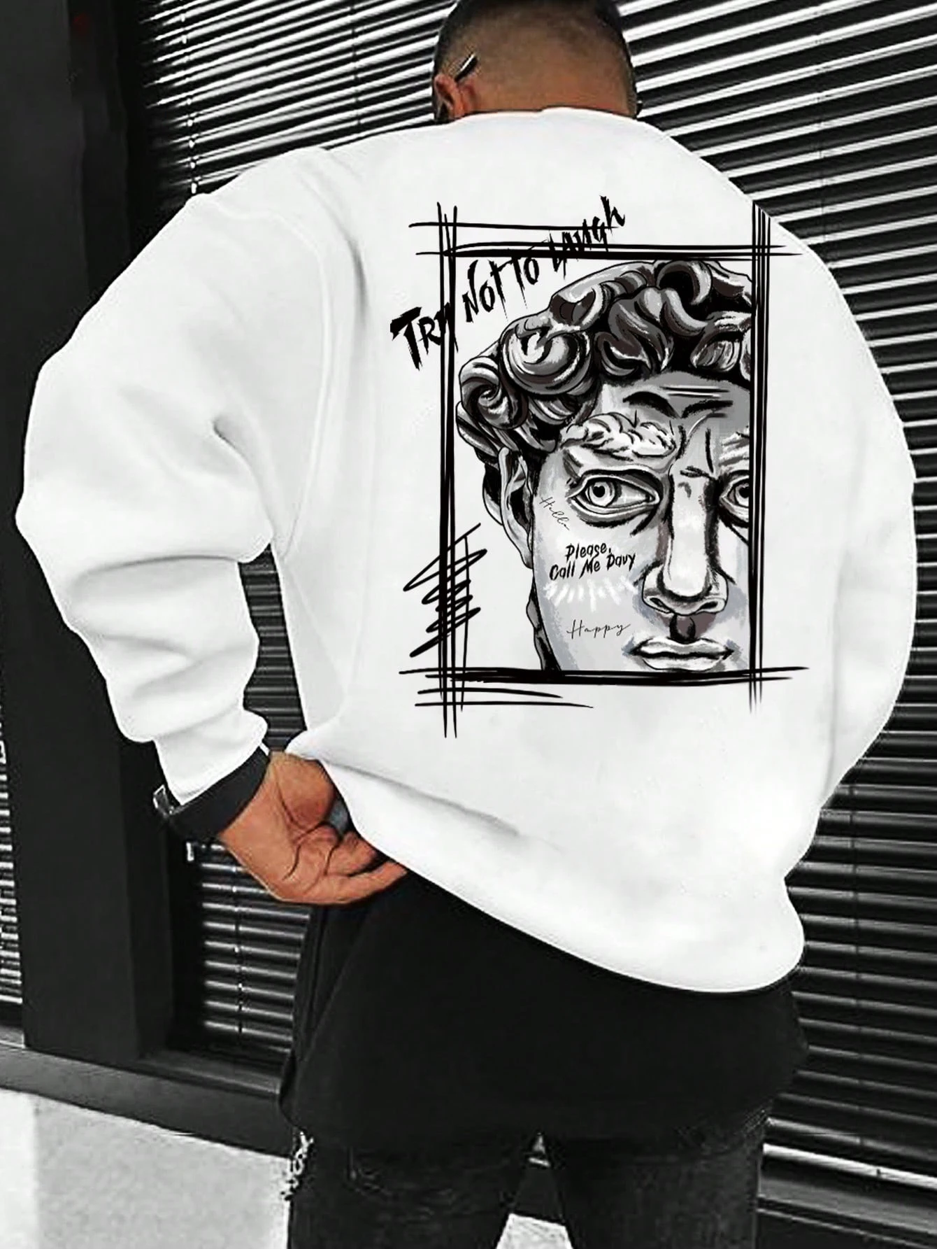 Creative Sculpture Expression Text Design Mens Tops Crewneck New Streetwear Fashion Loose Sweatshirts Autumn New Pullovers