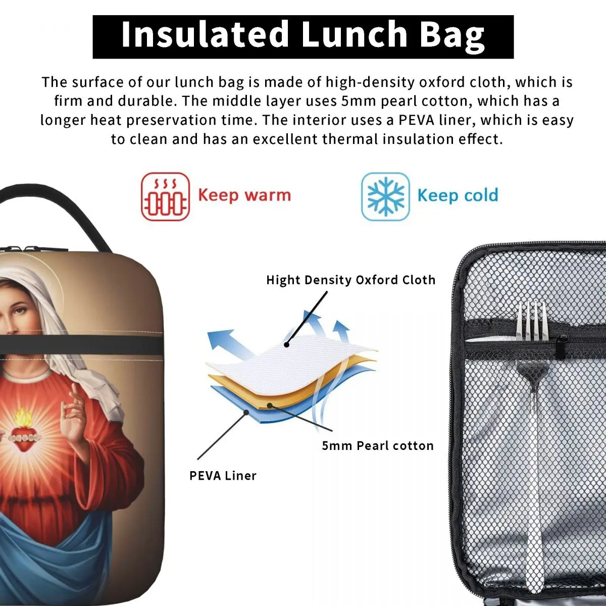 Bolsa de almuerzo aislada con Corazón de María católica, caja de comida de almacenamiento cristiano, enfriador portátil, caja térmica Bento para la escuela y la Oficina