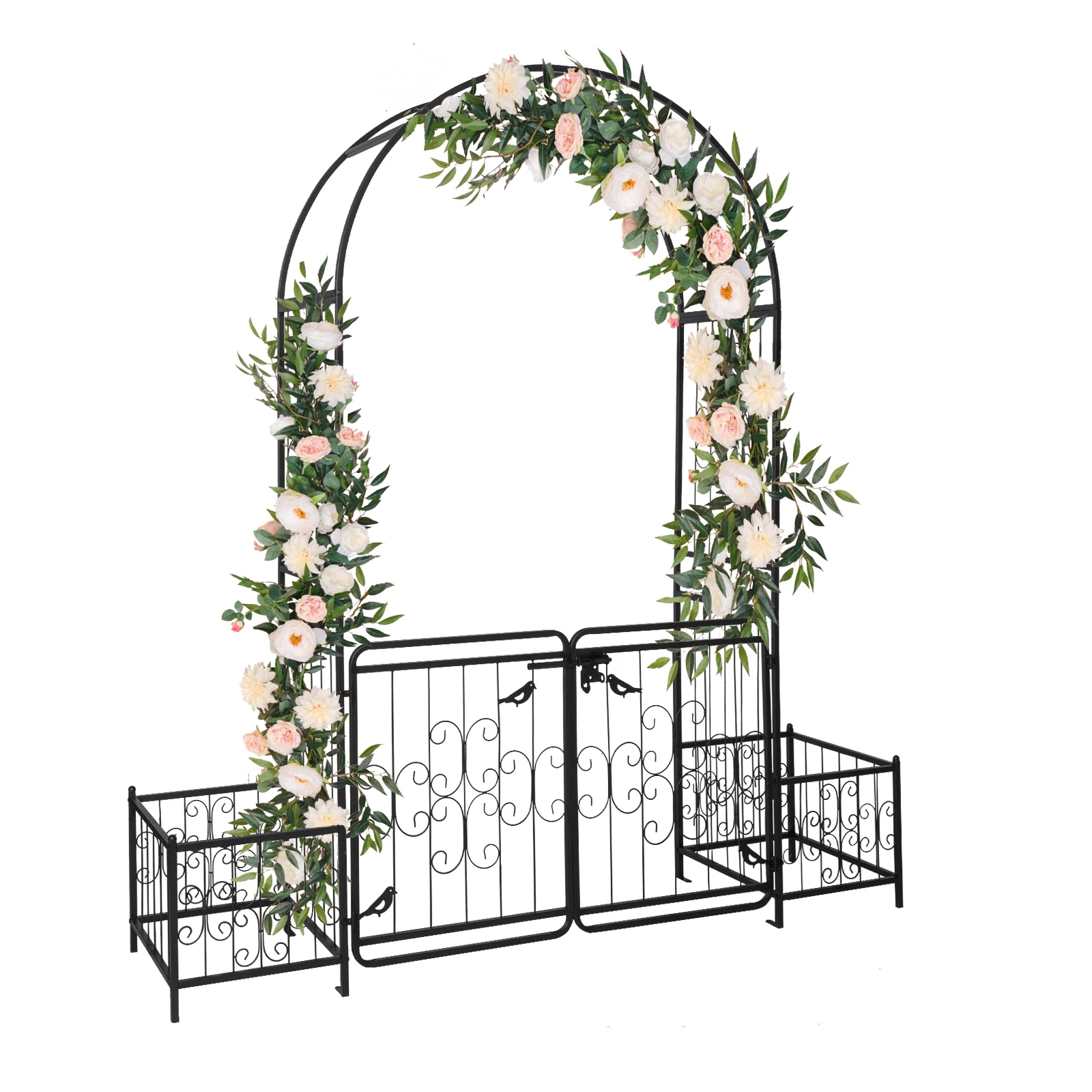 7.2ft Arc Top Wrought Iron Garden Arbor with Double Gate & Side Planting Boxes, Heavy Duty 16mm Metal Vine Trellis Archway, Rustproof Black Climbing Rose Support for Backyard Patio Wedding Entrance Decor
