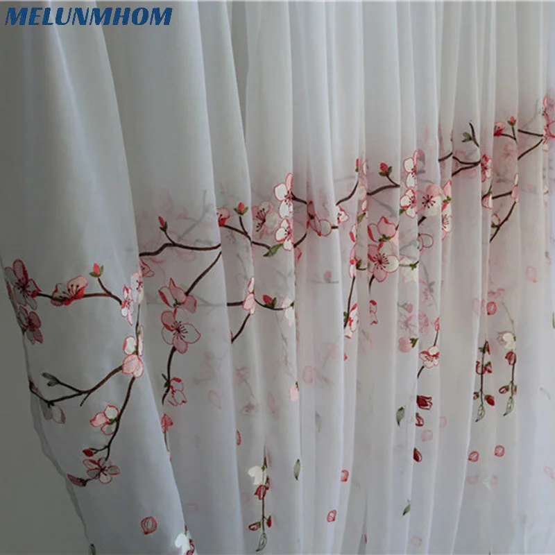 Melunmhom Pink Plum Blossom Embroidered Tulle Curtains for Living Room Pastoral Window Screen Sheer for Bedroom Semi-sun Shade v