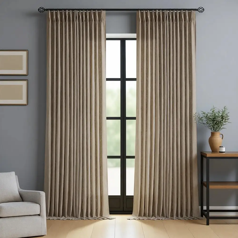 

96 Semi-Sheer Linen Curtains for Living Room, 2-Panel Set with Pinch Pleat Hooks, Light Filtering, Rustic Brown Tan