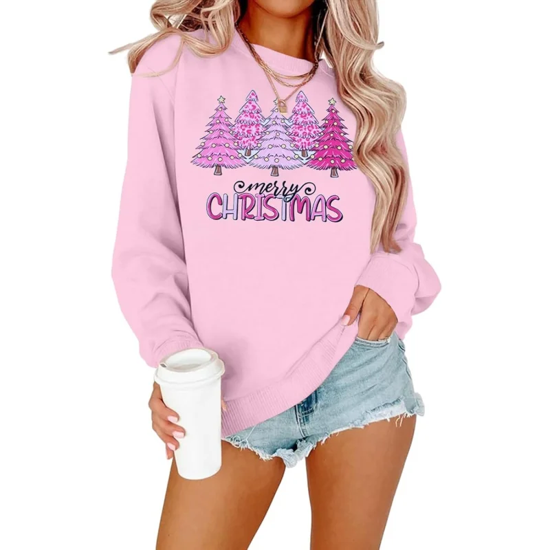 Christmas women's casual fashion long sleeve loose sweatshirt happy bright checkered pattern hoodie top pink