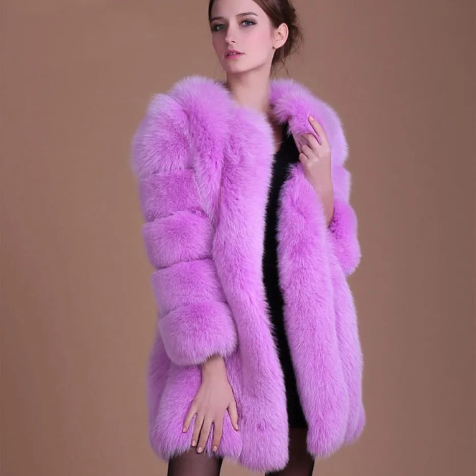 Luxury Long Faux Fox Fur Coat Women Slim Solid Color Faux Fur Jacket Women 4XL Large Size Winter Fake Fur Coats Manteau Fourrure