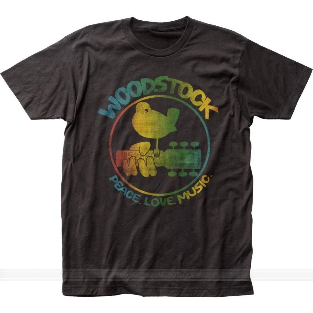 أصيلة Woodstock 3 أيام السلام 'الموسيقى الملونة شعار الغيتار الطيور تي شيرت العلامة التجارية الذكور teeshirt الرجال الصيف القطن تي شيرت