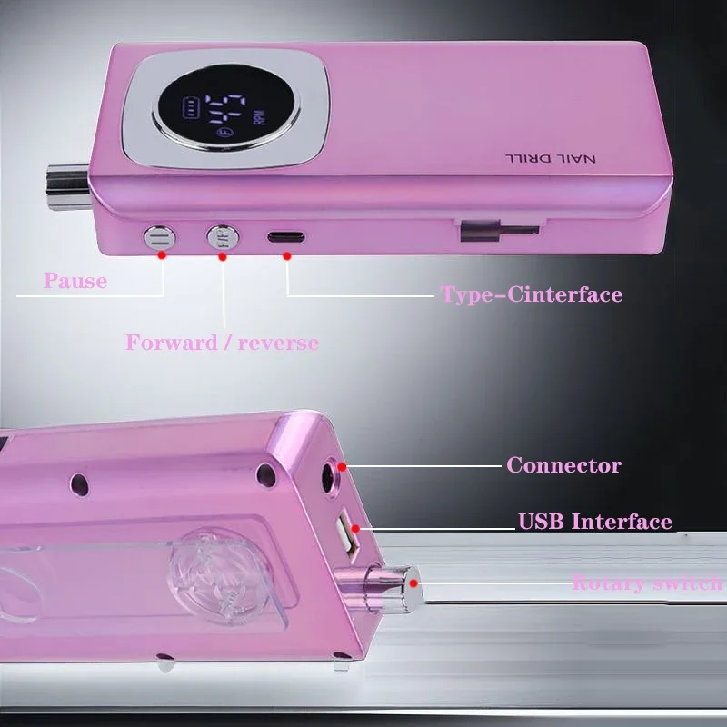 Perceuse à ongles professionnelle 45000 tr/min, haute vitesse, Rechargeable avec écran LCD, Kit de ponceuse pour vernis à ongles à faible bruit, accessoires pour Nail Art