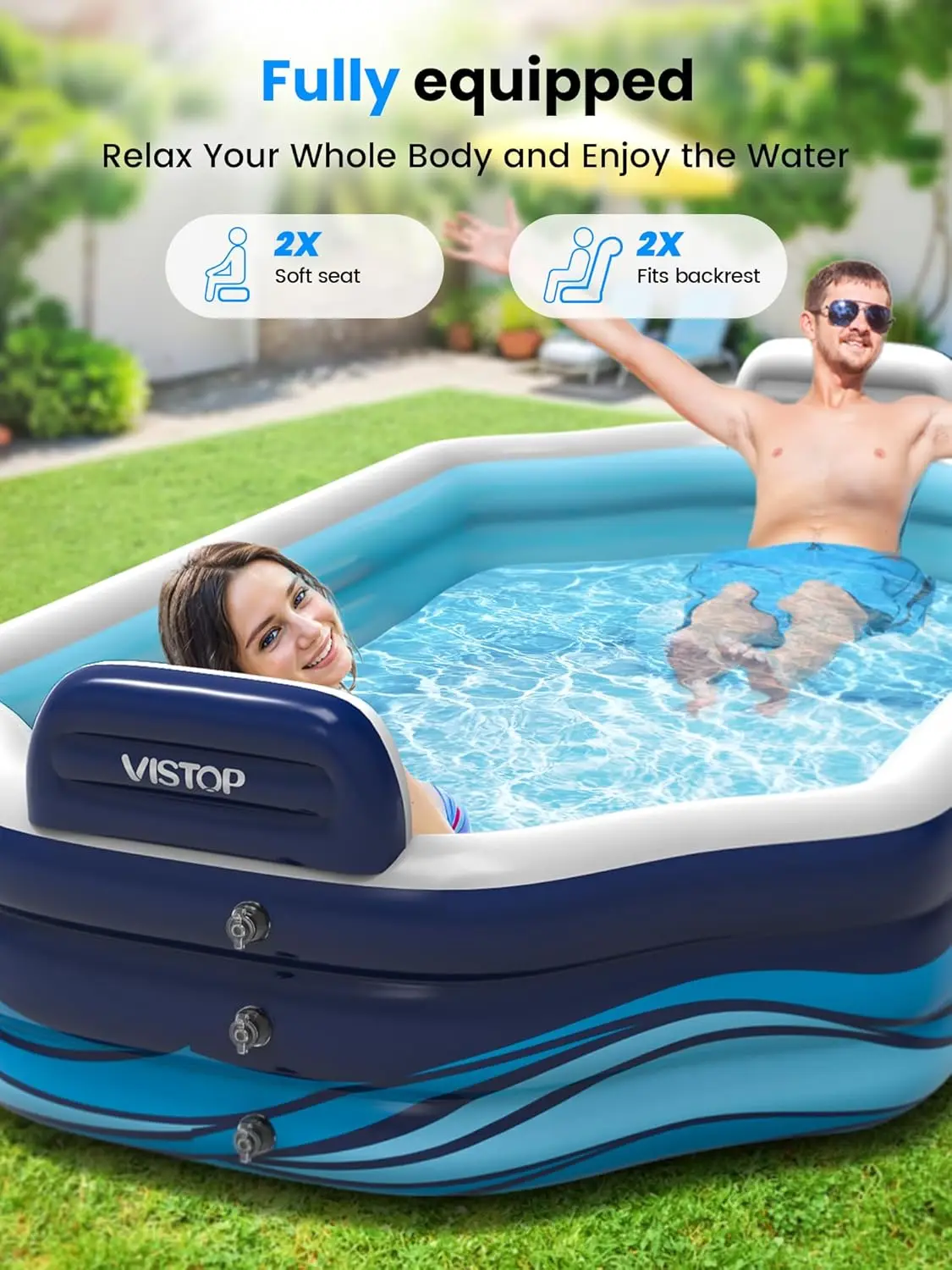 Inflatable Pool with Seats and Backrests, XLarge Thickened Full-Sized Family Fun Swimming Pool for Kids and Adults, Outdoor, Gar